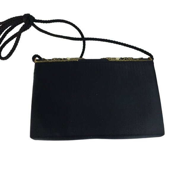 Vintage Black Velvet Purse Formal Evening u Handbag Crossbody or Clutch Gold Bea - Picture 3 of 4